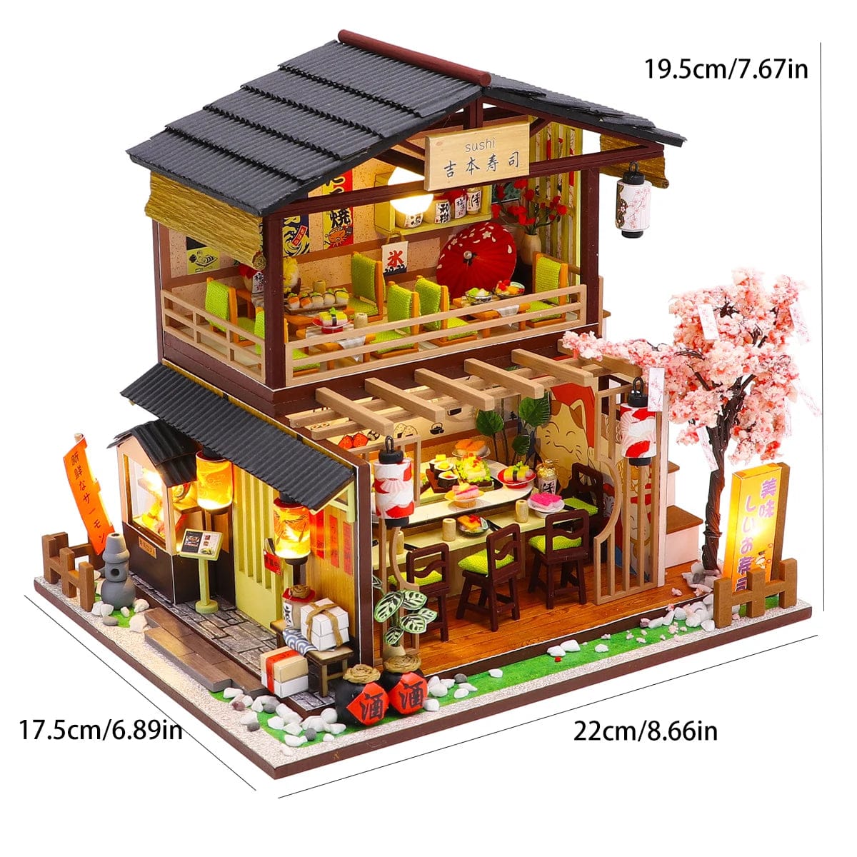 Pièces d'Exceptions Sushi Shop Doll House Mini DIY Kit Production Assembly Room Model Toys, Home Bedroom Decoration with Furniture, Wooden Crafts 3D