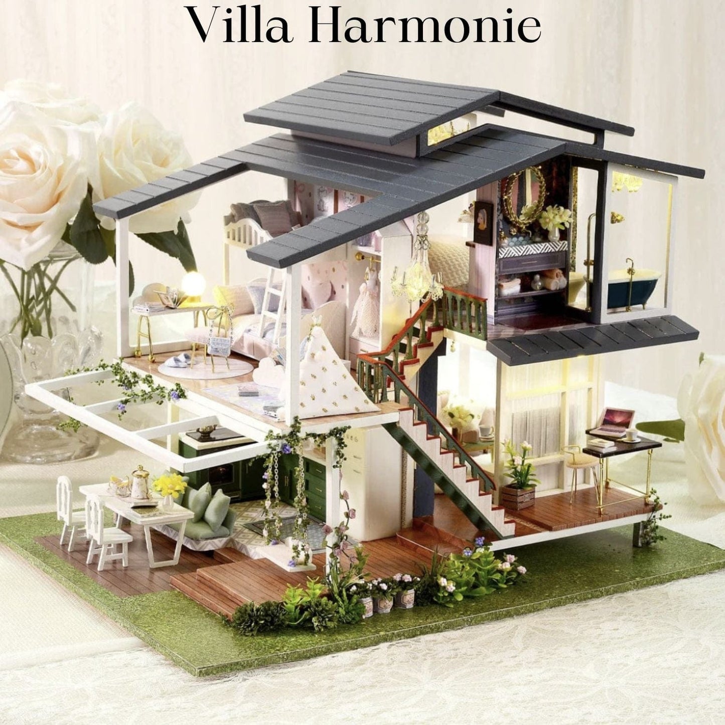 Pièces d'Exceptions Garden Villa Doll House Mini DIY Kit for Making Room Toys, Home Bedroom Decoration with Furniture, Wooden Crafts 3D Puzzle Girl